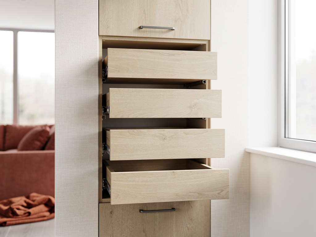 A close-up of a tall custom pantry with pull-out wood drawers fitted perfectly into a wall niche.