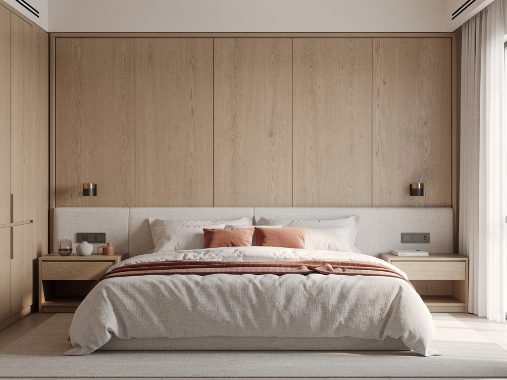 A serene bedroom with a made-to-measure wood headboard wall, built-in nightstands and linen bedding in soft light.