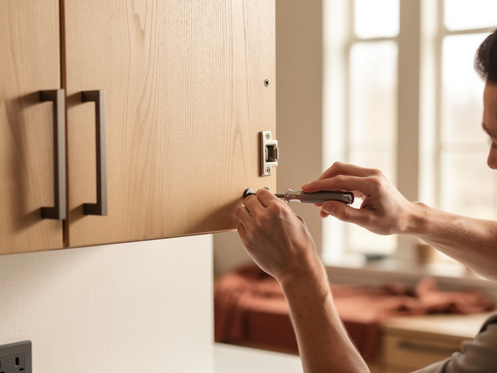 Hands from behind installing a wood cabinet door with a screwdriver in a nearly finished kitchen.