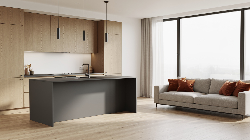 A wide view of an open-plan kitchen and living room with custom natural wood cabinetry, a graphite island and terracotta