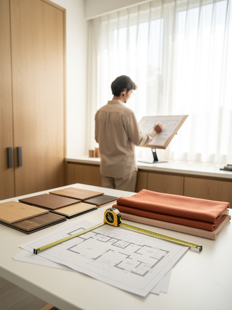 A design studio table with wood and fabric samples, floor plans and a measuring tape, a designer seen from behind sketch